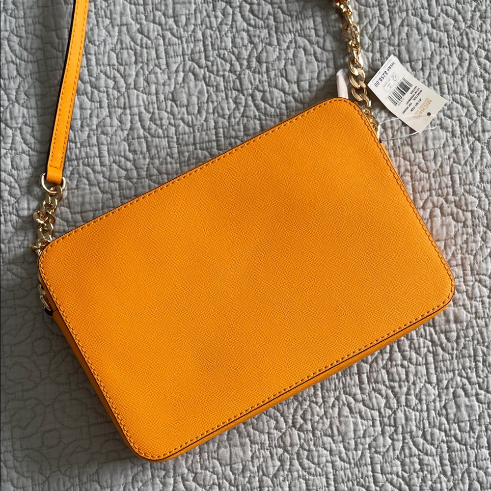 Michael Kors Structured Leather  Bag Crossbody Pop Orange Gold Chain Lg Jet Set - Picture 5 of 13